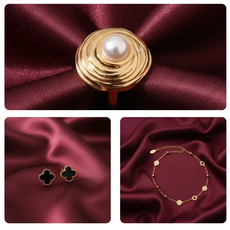 Gold plated jewellery deal of 3 for women including ring, clover stud tops and bracelet in Pakistan