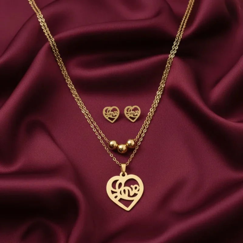 Gold plated heart layered necklace set for women in Pakistan