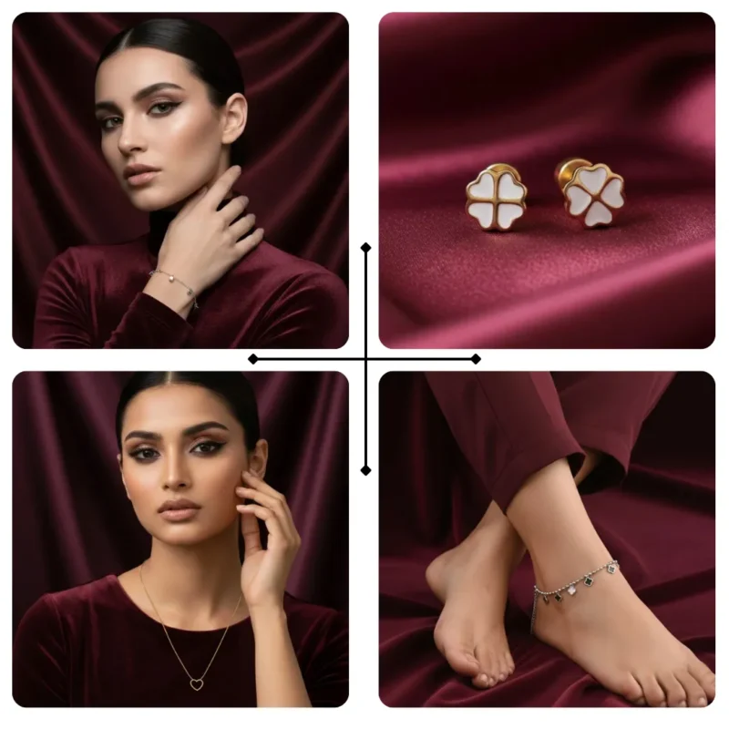 Gold plated clover jewellery set for women – artificial jewellery deal in Pakistan