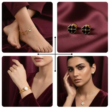 Gold plated clover jewellery deal set of 4 for women in Pakistan