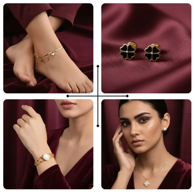 Gold plated clover jewellery deal set of 4 for women in Pakistan