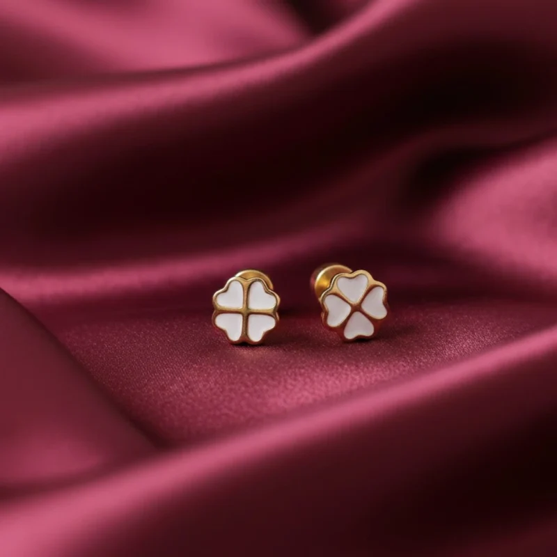 Gold plated white clover stud tops for women in Pakistan